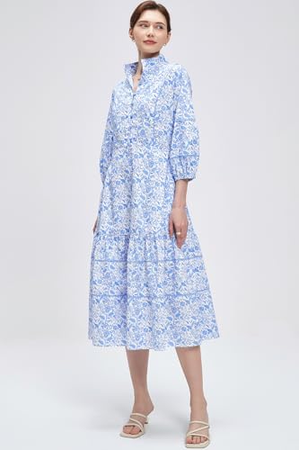 Women V-Neck Floral Maxi Dress Elegant Printed Button Down Puff Sleeve Tiered A-Line Flowy Party Long Dress with Pocket