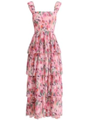 Women's Bohemian Summer Floral Printed Ruffle Pleated Halter Dress Beach Vacation Cute Pink Dresses