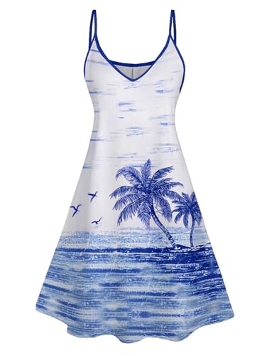 Couple Matching Hawaiian Outfits Coconut Tree Seagull Print Cami Dress or Men's Short Sleeve Button Up Shirt