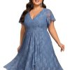 Women's Summer V Neck Short Ruffles Sleeves Lace Midi Plus Size Cocktail Party Formal Dresses