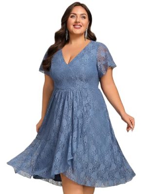 Women's Summer V Neck Short Ruffles Sleeves Lace Midi Plus Size Cocktail Party Formal Dresses