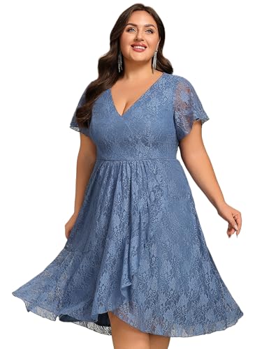 Women's Summer V Neck Short Ruffles Sleeves Lace Midi Plus Size Cocktail Party Formal Dresses
