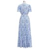 Women Short Bubble Sleeves Cotton Maxi Dress Flower Printed V Neck Elastic Waist Casual Red Long Summer Dresses