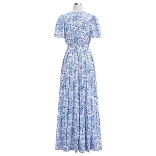 Women Short Bubble Sleeves Cotton Maxi Dress Flower Printed V Neck Elastic Waist Casual Red Long Summer Dresses