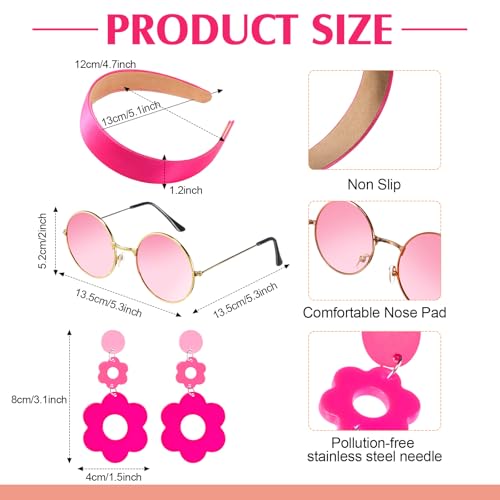 4 Pcs 60s 70s Hippie Costume Women Retro Disco Outfit Groovy Dress Headband Earring Party Sunglasses for Halloween