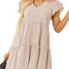 Women's Summer Ruffle Sleeve Flowy Babydoll Mini Dress Casual V Neck Tie Back A Line Tiered Short Dress with Pocket