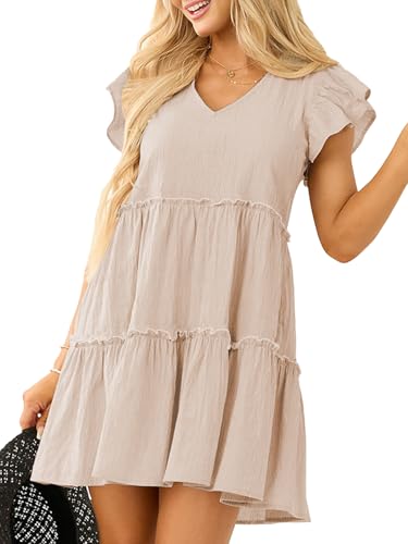 Women's Summer Ruffle Sleeve Flowy Babydoll Mini Dress Casual V Neck Tie Back A Line Tiered Short Dress with Pocket