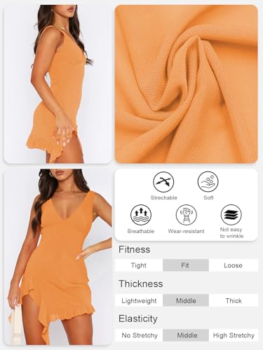 Women Sleeveless Sexy V Neck Bodycon Mini Dress Summer Side Slit Mesh Irregular Ruffle Hem Backless Short Dress