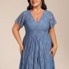 Women's Summer V Neck Short Ruffles Sleeves Lace Midi Plus Size Cocktail Party Formal Dresses