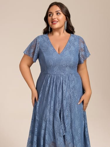 Women's Summer V Neck Short Ruffles Sleeves Lace Midi Plus Size Cocktail Party Formal Dresses