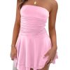 Women Sexy Tube Top Silk Dress Strapless Ruched Waist Ruffle Tiered Layer Mini Dress Party Short Dresses