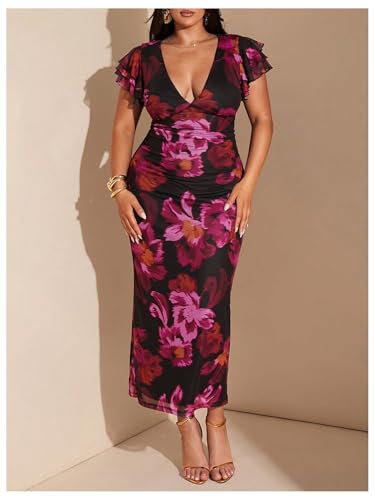 Women's Plus Size Floral Maxi Dress V Neck Ruffle Short Sleeve Bodycon Vacation Mesh Dresses