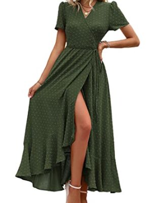 Women's Summer Maxi Dress Casual Wrap Floral Boho Short Sleeve V Neck Split Ruffle Beach Long Dresses