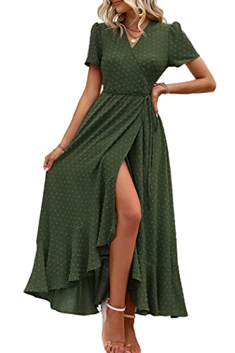 Women's Summer Maxi Dress Casual Wrap Floral Boho Short Sleeve V Neck Split Ruffle Beach Long Dresses