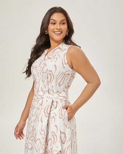 Women's Summer Button Down Shirt Dresses Sleeveless V Neck Belted Casual Maxi Dress with Pockets