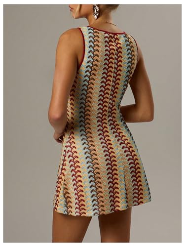 Women's Color Block Crochet Boho Bodycon Mini Dress Summer Peasant Vacation Sleeveless Tank Sundresses 2025