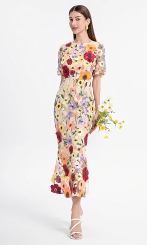 41NnBV2ajcL.jpg Women's 3D Floral Short Sleeves Crew Neck Fishtail Mesh Embroidery Party Cocktail Maxi Dress