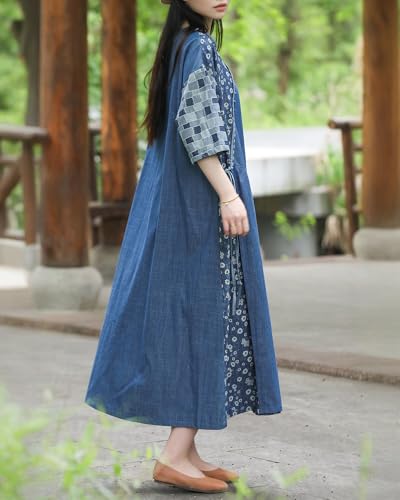 Flower Pattern Casual Denim Dress Blue Short Sleeved Patch Medium Long Robe Loose Fit