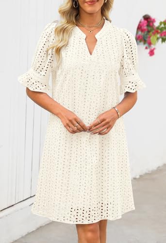 Women's 2025 Summer Short Sleeve Mini Dress V Neck Ruffle Hollow Out Eyelet Lace Dresses