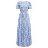 Women Short Bubble Sleeves Cotton Maxi Dress Flower Printed V Neck Elastic Waist Casual Red Long Summer Dresses