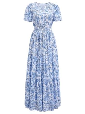 Women Short Bubble Sleeves Cotton Maxi Dress Flower Printed V Neck Elastic Waist Casual Red Long Summer Dresses