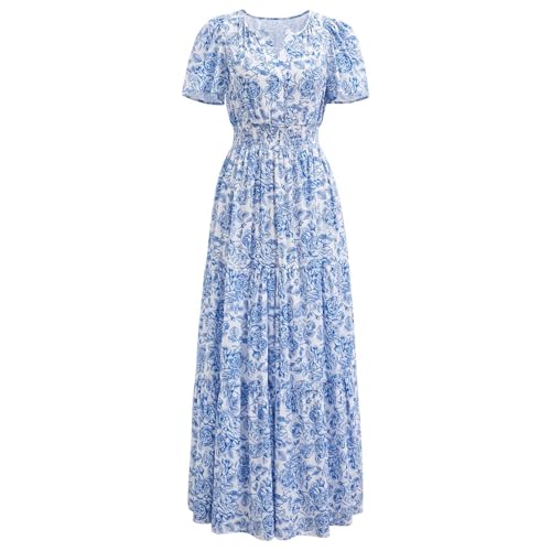 Women Short Bubble Sleeves Cotton Maxi Dress Flower Printed V Neck Elastic Waist Casual Red Long Summer Dresses