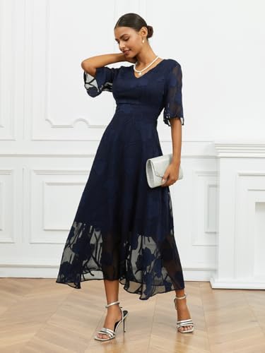 Summer Maxi Dresses for Women 2025 Casual Flutter Sleeve V Neck Cocktail Dress Smocked Elegant Ruffle A-Line Flowy Lace Dress