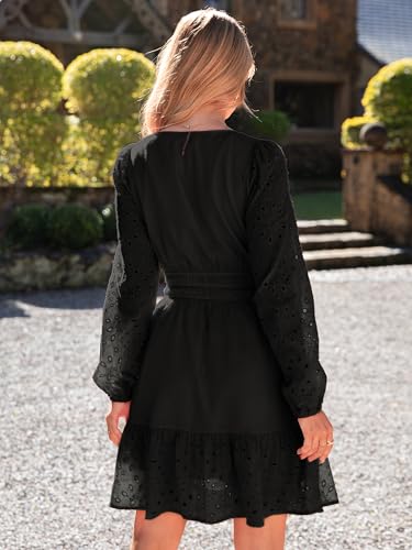 Womens Eyelet Long Sleeve Mini Dress 2025 Fall Boho Embroidery V Neck A Line Casual Short Party Dresses