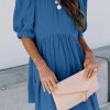 Womens Summer Crewneck Puff Sleeve Babydoll Elegant Empire Waist Mini Swing Skater Dresses with Pockets