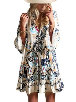 Summer Dresses for Women 2025 Flowy Ruffle 3/4 Sleeve V Neck Tiered Casual Babydoll Boho Beach Mini Dress