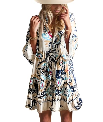 Summer Dresses for Women 2025 Flowy Ruffle 3/4 Sleeve V Neck Tiered Casual Babydoll Boho Beach Mini Dress