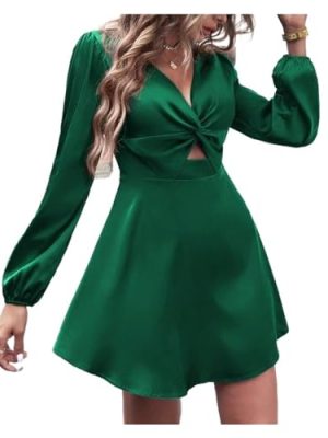 2024 Women's Cut Out Mini Dress Knot Front V-Neck Long Sleeve Short A-Line Flare Dress Ruffle Mini Swing Skater Dress