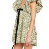 Women's Floral Print Mini Dress V Neck Puff Sleeve Dress Short Babydoll Bow Dress