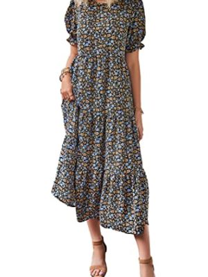 Summer Dresses for Women 2025 Casual Floral Boho Midi Sun Dress Puff Short Sleeve Flowy Beach Vacation Sundress