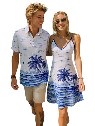 Couple Matching Hawaiian Outfits Coconut Tree Seagull Print Cami Dress or Men's Short Sleeve Button Up Shirt