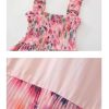 Women's Bohemian Summer Floral Printed Ruffle Pleated Halter Dress Beach Vacation Cute Pink Dresses