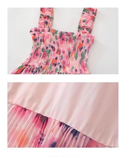 Women's Bohemian Summer Floral Printed Ruffle Pleated Halter Dress Beach Vacation Cute Pink Dresses