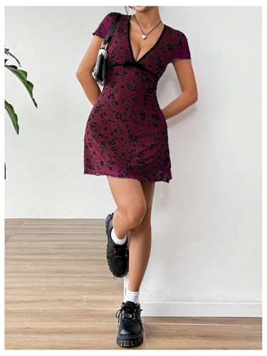 Women's Y2k Floral Print Deep V Neck Short Sleeve Fit and Flare Vintage Mini Dress