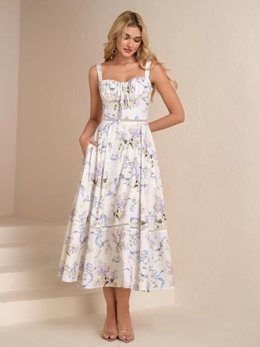 Floral Corset Midi Dress Lace Up Cutout Flowy Summer Wedding Guest Dresses for Women Sundress with Pockets