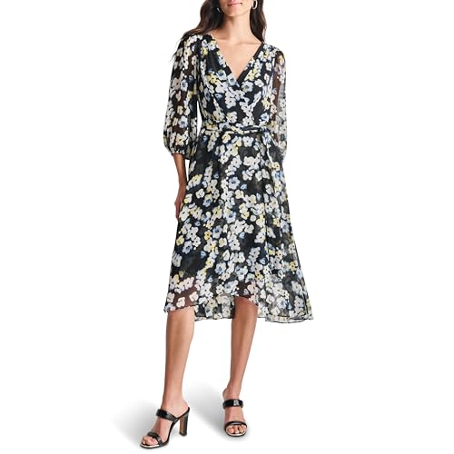 Women's Balloon Sleeve Faux Wrap Midi Dress