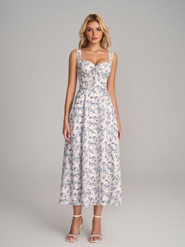 Floral Corset Midi Dresses for Women 2025 Lace Up Flowy Summer Wedding Guest Dress with Pockets