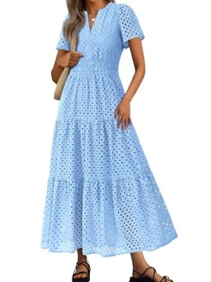 Womens 2025 Summer Maxi Dress Short Sleeve V Neck Hollow Out Eyelet A Line Long Flowy Beach Vacation Dresses