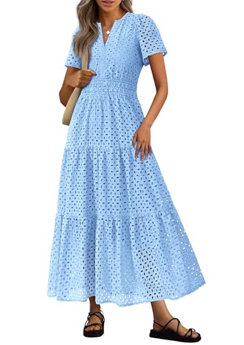 Womens 2025 Summer Maxi Dress Short Sleeve V Neck Hollow Out Eyelet A Line Long Flowy Beach Vacation Dresses