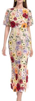 Women's 3D Floral Short Sleeves Crew Neck Fishtail Mesh Embroidery Party Cocktail Maxi Dress