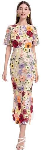 41RS6JpeBL.jpg Women's 3D Floral Short Sleeves Crew Neck Fishtail Mesh Embroidery Party Cocktail Maxi Dress