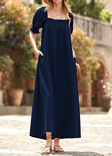 Women 2025 Summer Maxi Dress Casual Loose Puff Sleeve Square Neck Maternity Flowy Long Beach Dresses with Pockets