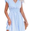 Women's Mini Dress V Neck Flutter Sleeve Striped Smocked Waist A Line Short Summer Cocktail Dress