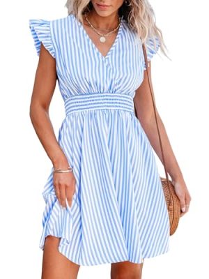 Women's Mini Dress V Neck Flutter Sleeve Striped Smocked Waist A Line Short Summer Cocktail Dress