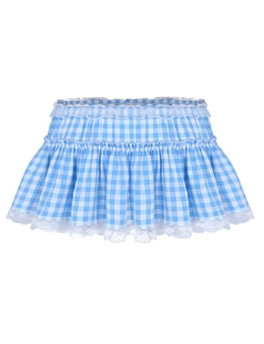 Women Men Sissy Pleated Mini Skirt Lace Hem Plaid Gingham Short Skirt Lingerie Fancy Dress