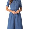 Denim Dress for Women's Collared Short Sleeve A-Line Button Up Jean Midi Dresses
